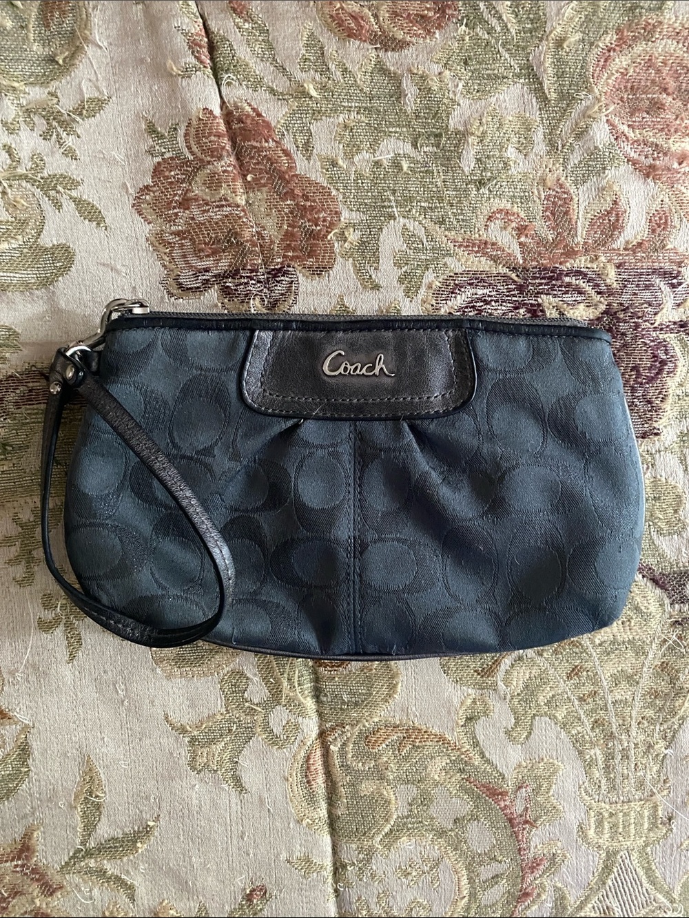 Vintage Coach Black Signature Wristlet with Leather Trim
